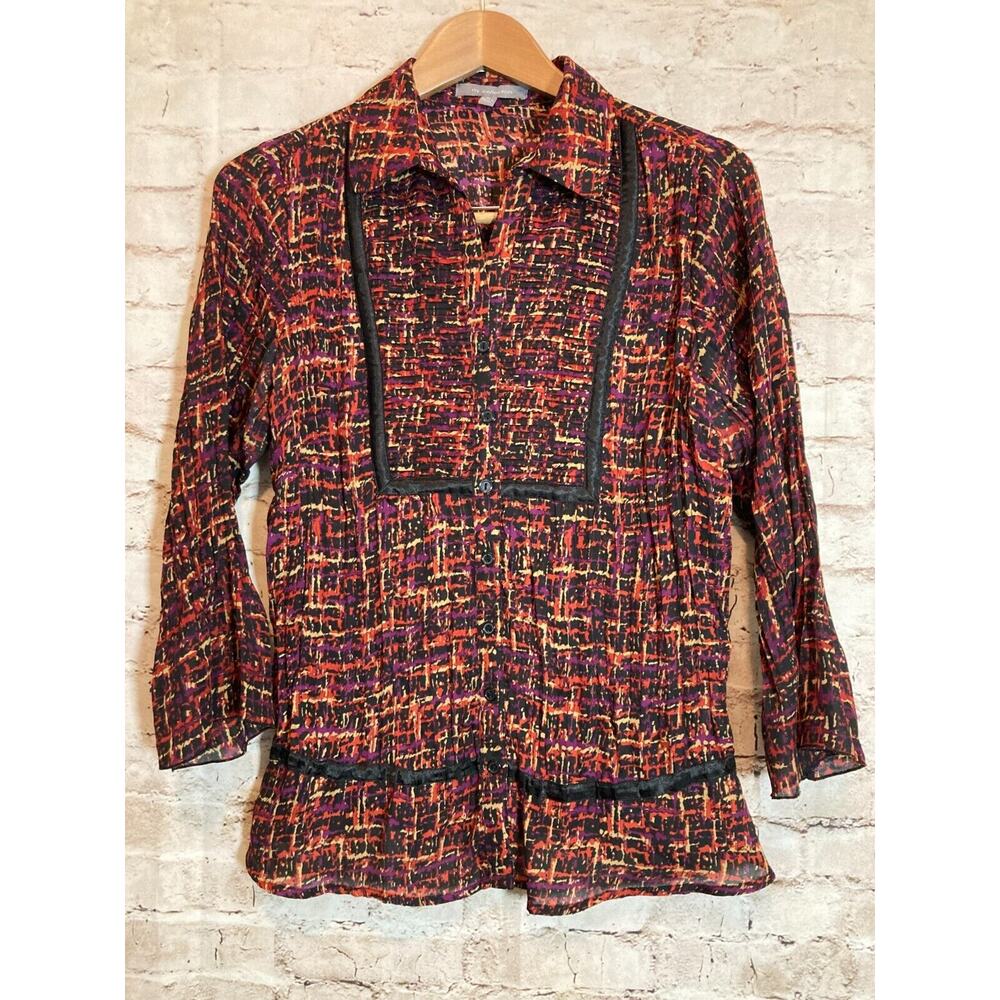 NY Collection Popover Top Womens Medium Pleated Button Front Flowy Rust & Purple